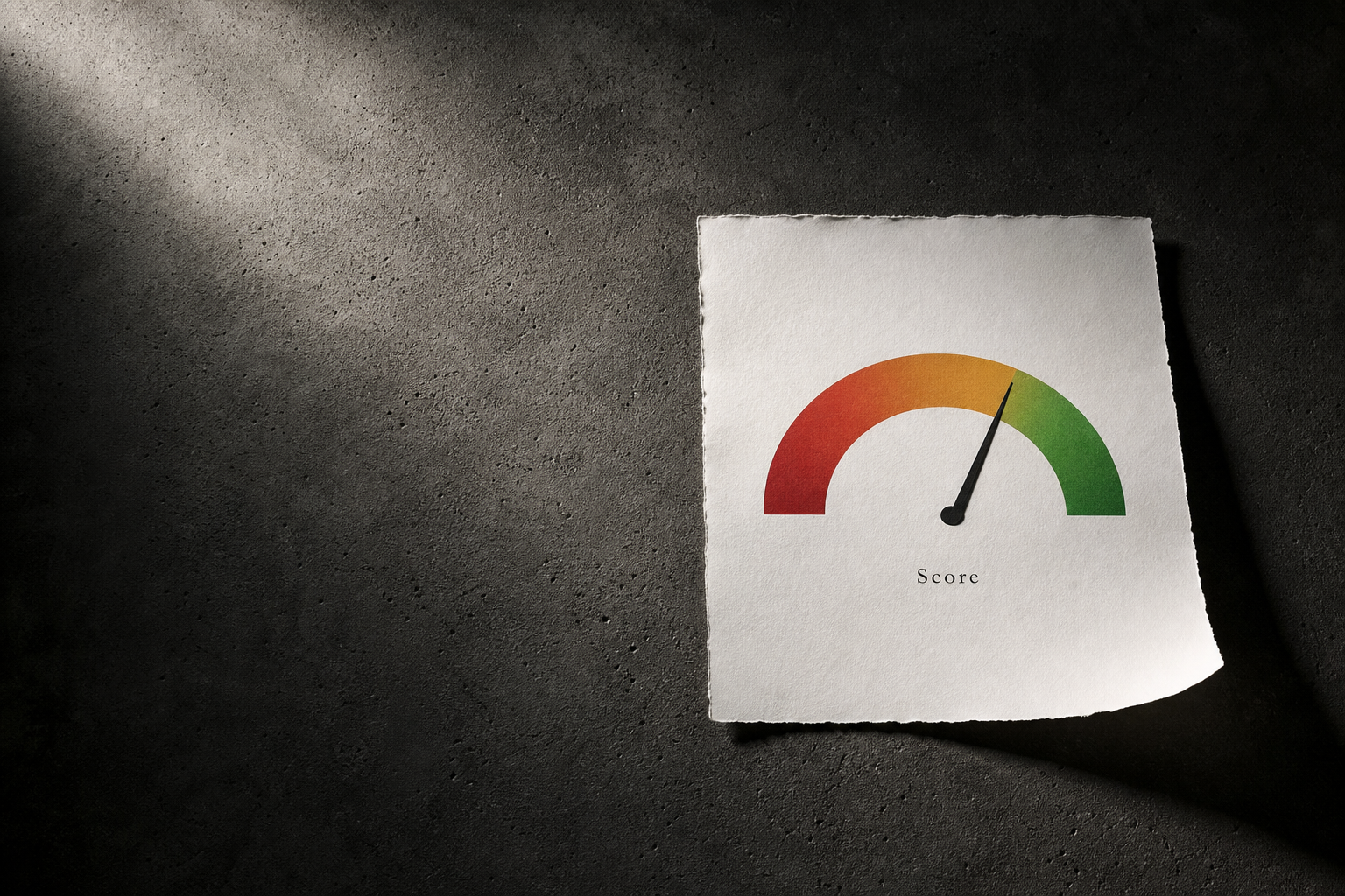 Hands holding a smartphone showing a credit-score gauge with red-to-green gradient and a needle pointing into the green band, in soft warm Australian living-room light