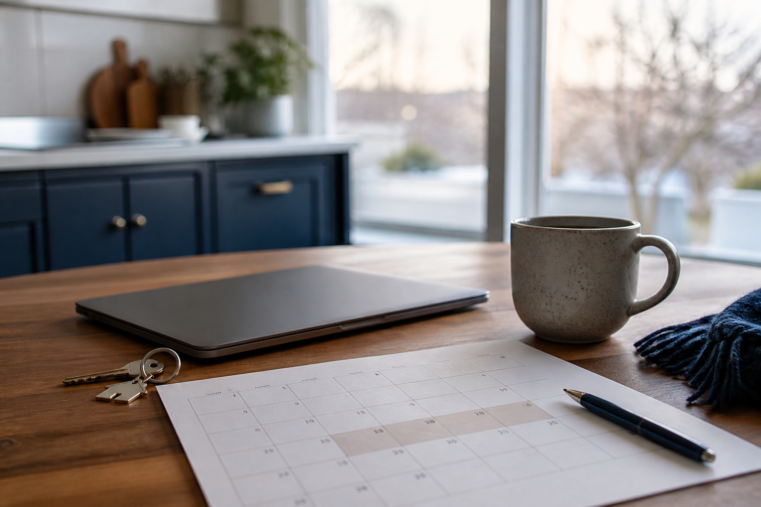Australian kitchen table with house keys and a closed laptop — reviewing a home loan before the 29 September 2026 RBA cash-rate decision, no readable text