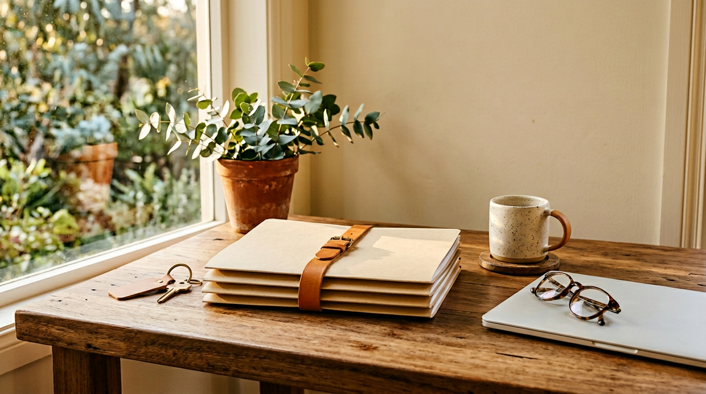 Sunlit Australian timber desk with a neat stack of plain manila folders tied together with a single tan leather strap, a ceramic coffee mug, closed laptop with reading glasses, house keys and a small eucalyptus plant — representing multiple debts brought together into one simple repayment