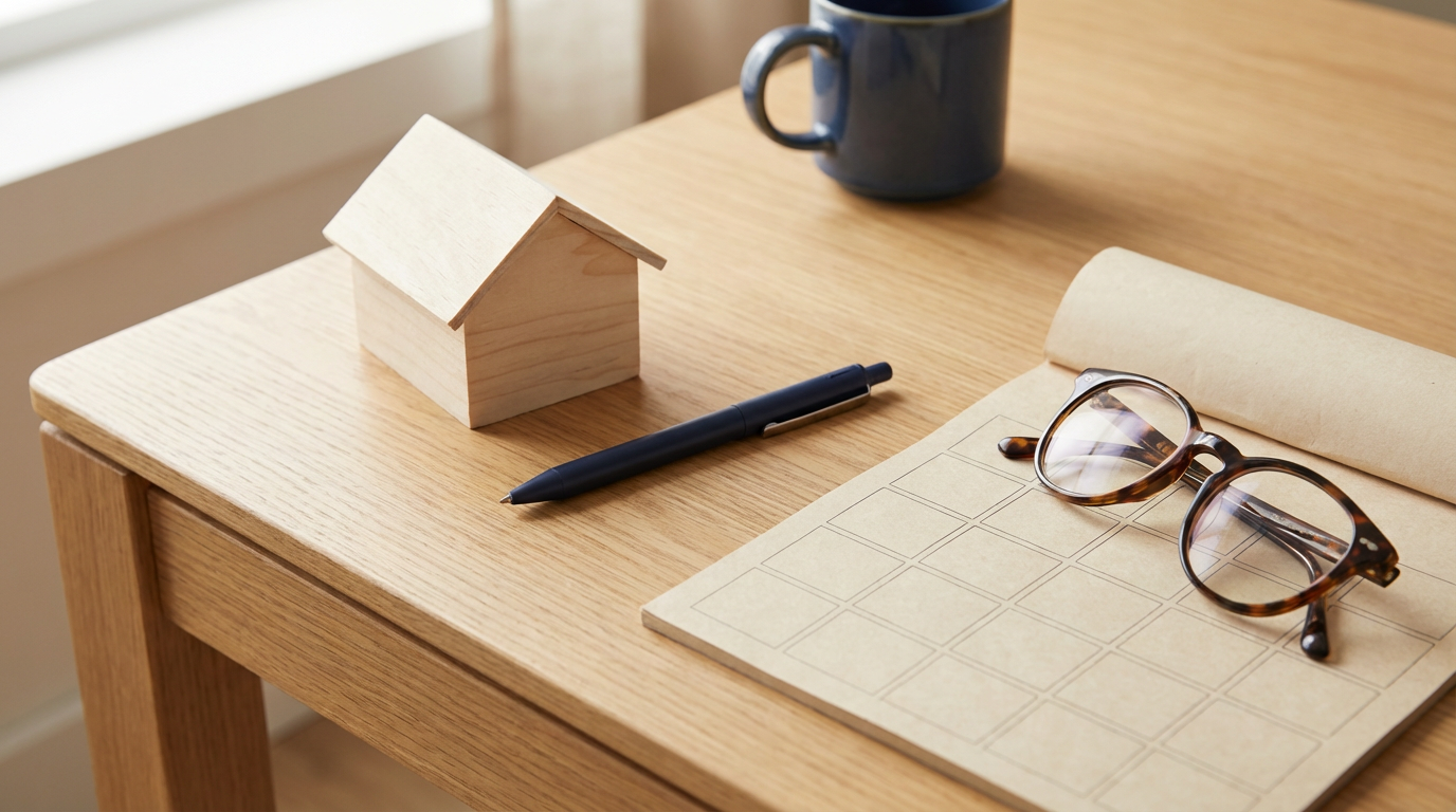 Desk scene suggesting home loan planning — small house model, pen, and calendar on timber surface, Australian mortgage context